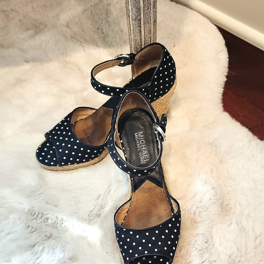 Michael Kors Platformed Cabana Sandal Black Polka Dot Espadrille Wedge
